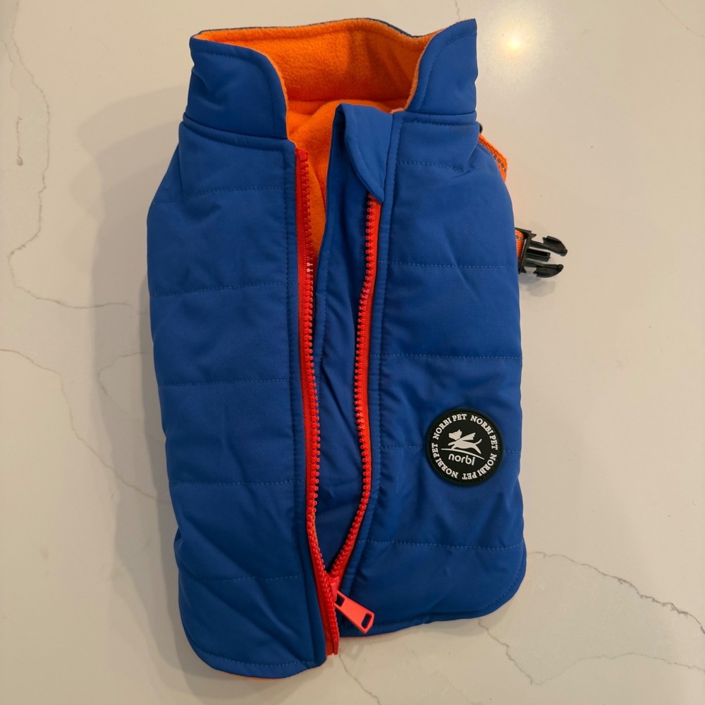 Norbi Pet Blue Orange Fleece Lined Dog Jacket Harness Small Quilted Puffer